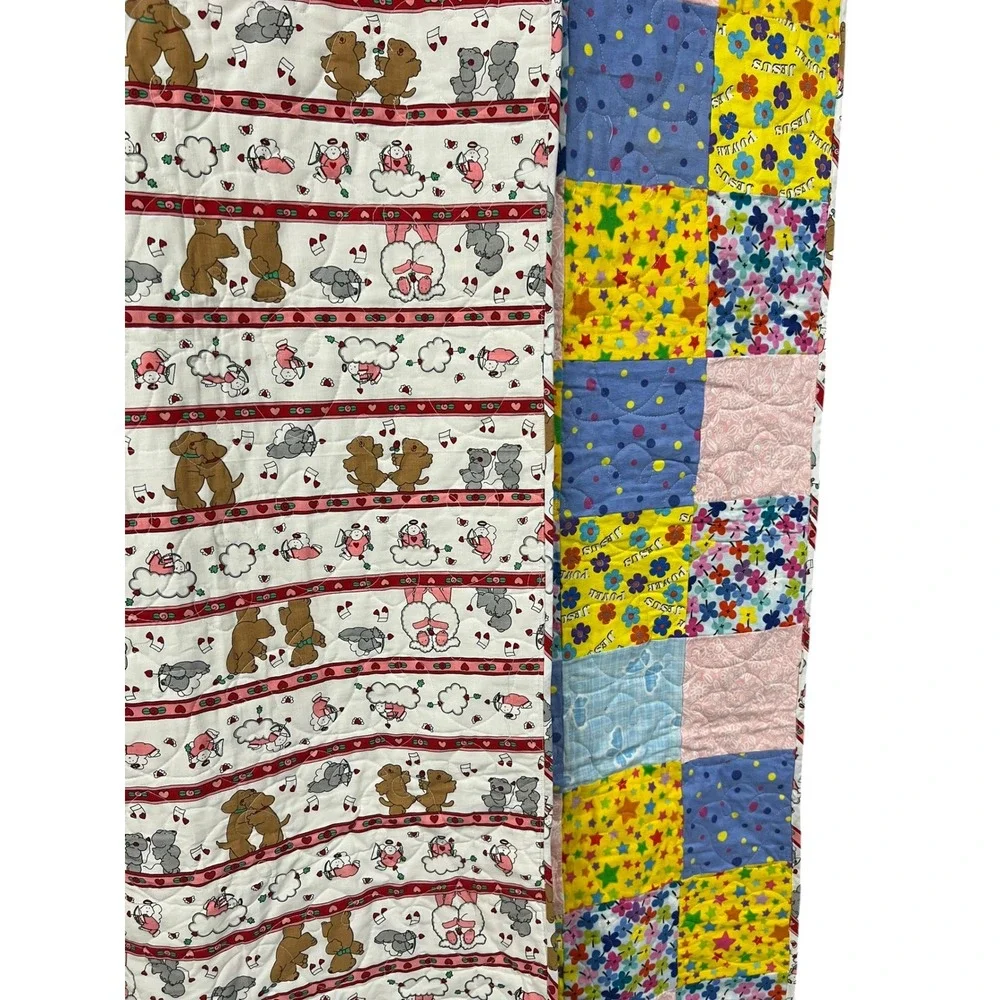 Handmade‎ Patchwork Quilt Floral Star Jesus Power 66x50 Teddy Bear Throw
